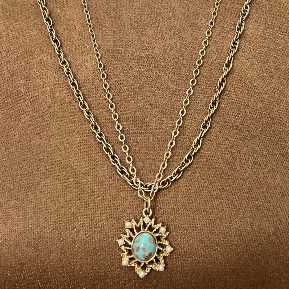 Sarah Coventry Vtg Faux Turquoise Pearl Sunburst Necklace 24" 2 Pieces Western